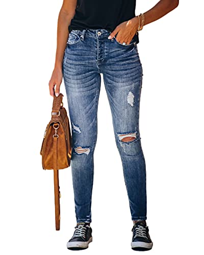Allimy Women's High Rise Skinny Stretch Ripped Jeans High Waisted Destroyed Denim Pants