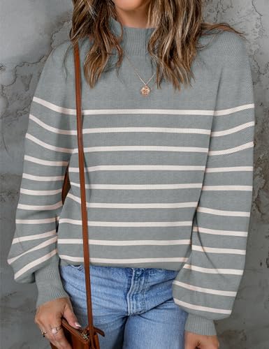 ZESICA Women's 2024 Fall Fashion Turtleneck Long Sleeve Striped Ribbed Knit Loose Pullover Sweater Tops