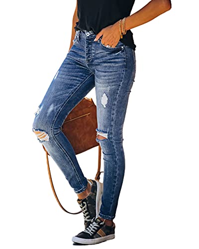 Allimy Women's High Rise Skinny Stretch Ripped Jeans High Waisted Destroyed Denim Pants