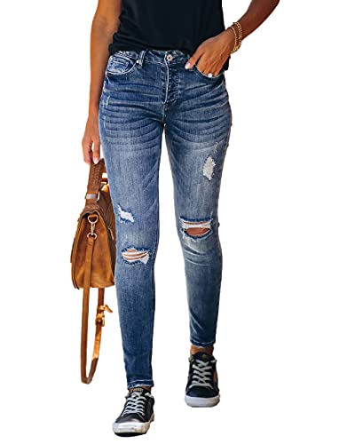 Allimy Women's High Rise Skinny Stretch Ripped Jeans High Waisted Destroyed Denim Pants