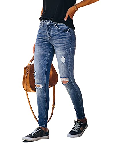 Allimy Women's High Rise Skinny Stretch Ripped Jeans High Waisted Destroyed Denim Pants