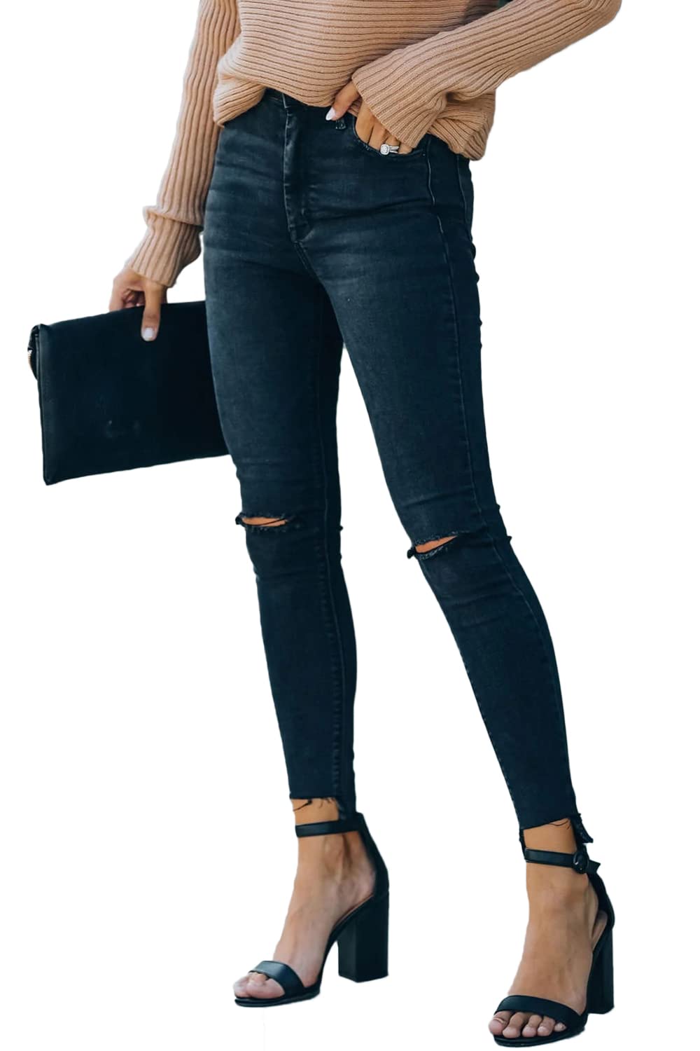 Allimy Women's High Rise Skinny Stretch Ripped Jeans High Waisted Destroyed Denim Pants