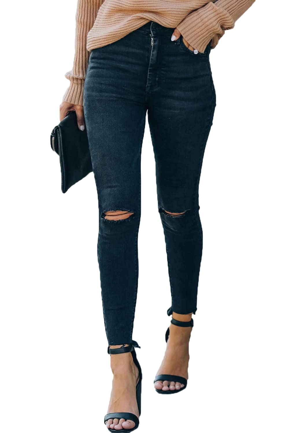 Allimy Women's High Rise Skinny Stretch Ripped Jeans High Waisted Destroyed Denim Pants