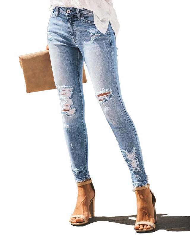 Allimy Women's High Rise Skinny Stretch Ripped Jeans High Waisted Destroyed Denim Pants
