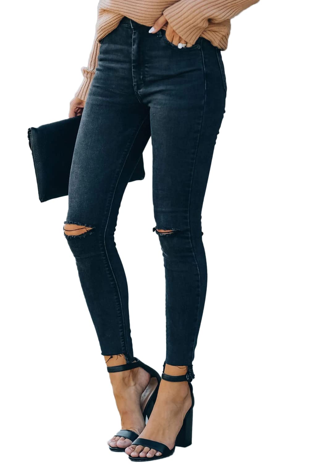 Allimy Women's High Rise Skinny Stretch Ripped Jeans High Waisted Destroyed Denim Pants