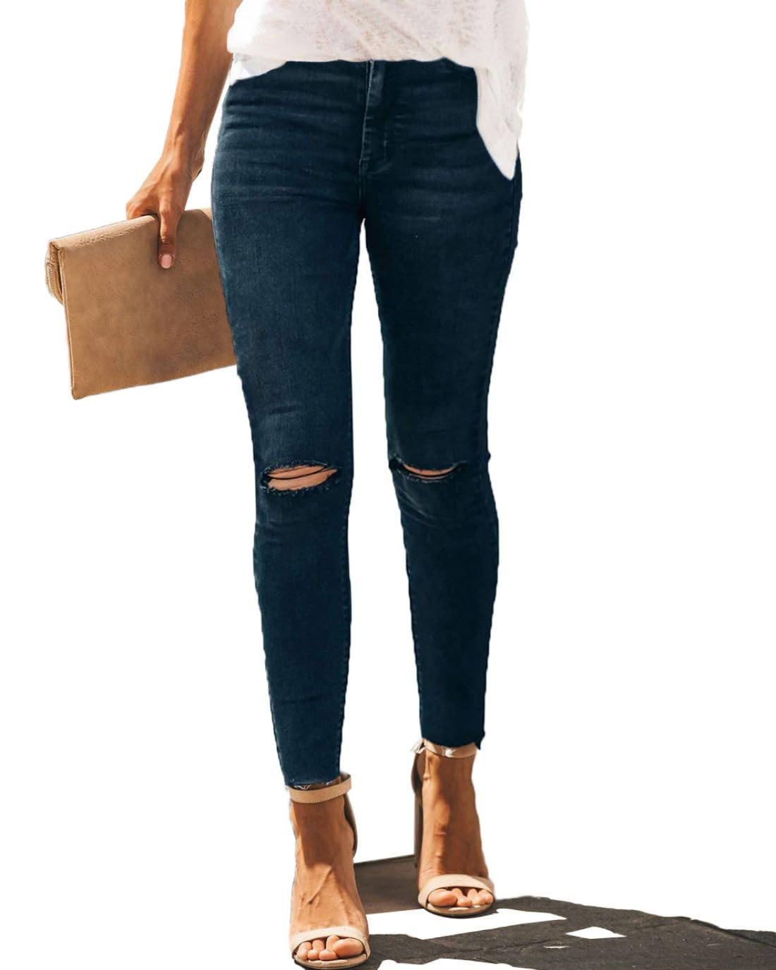 Allimy Women's High Rise Skinny Stretch Ripped Jeans High Waisted Destroyed Denim Pants