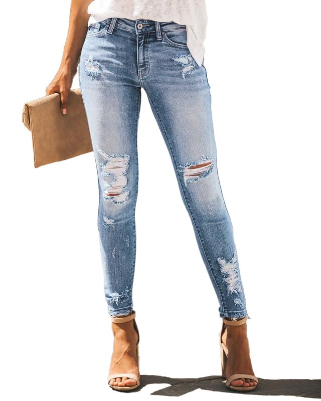 Allimy Women's High Rise Skinny Stretch Ripped Jeans High Waisted Destroyed Denim Pants