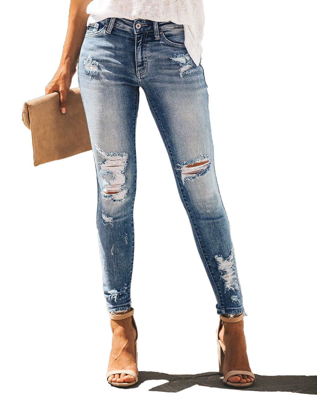 Allimy Women's High Rise Skinny Stretch Ripped Jeans High Waisted Destroyed Denim Pants