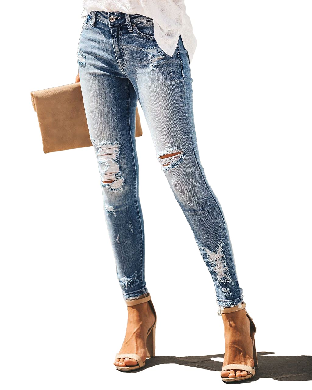 Allimy Women's High Rise Skinny Stretch Ripped Jeans High Waisted Destroyed Denim Pants