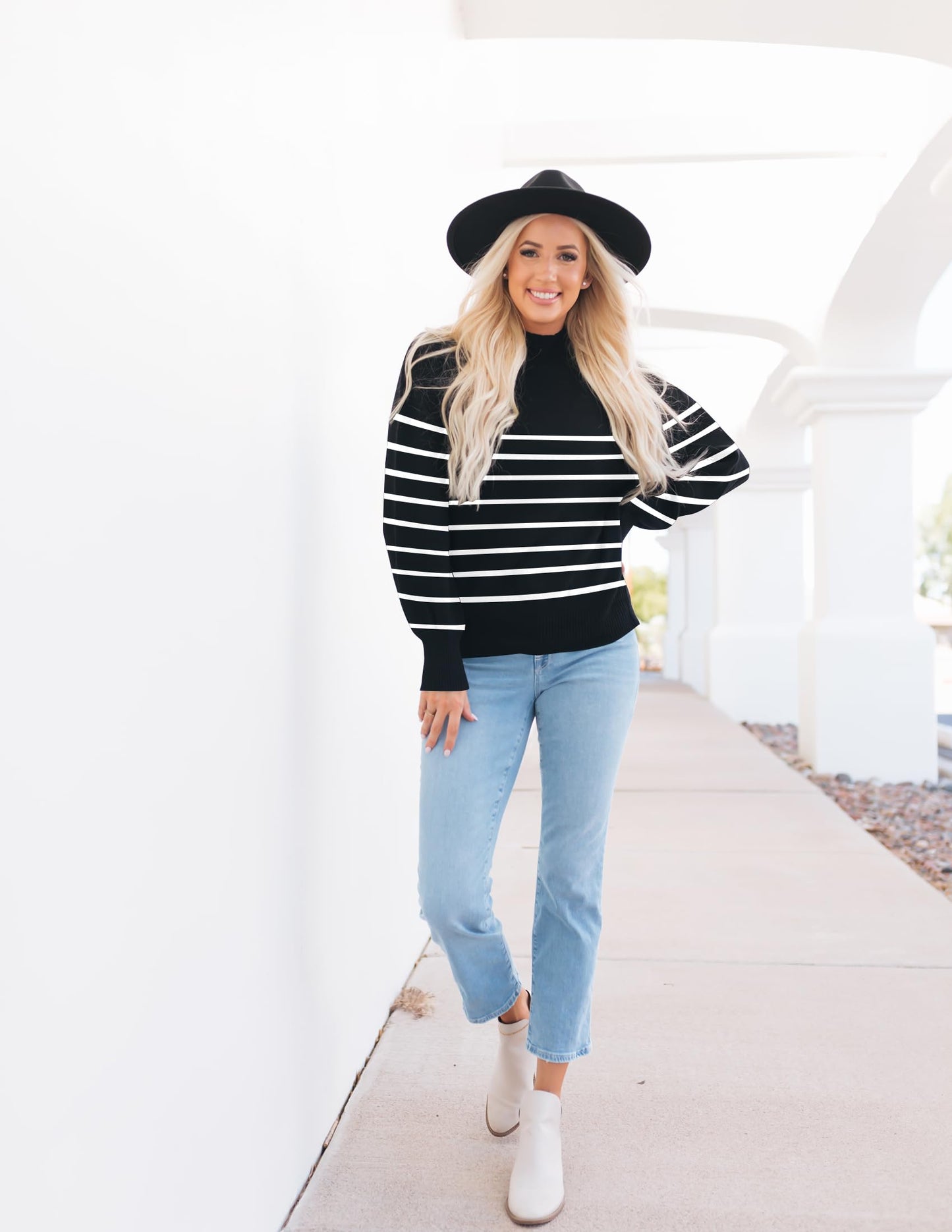 ZESICA Women's 2024 Fall Fashion Turtleneck Long Sleeve Striped Ribbed Knit Loose Pullover Sweater Tops
