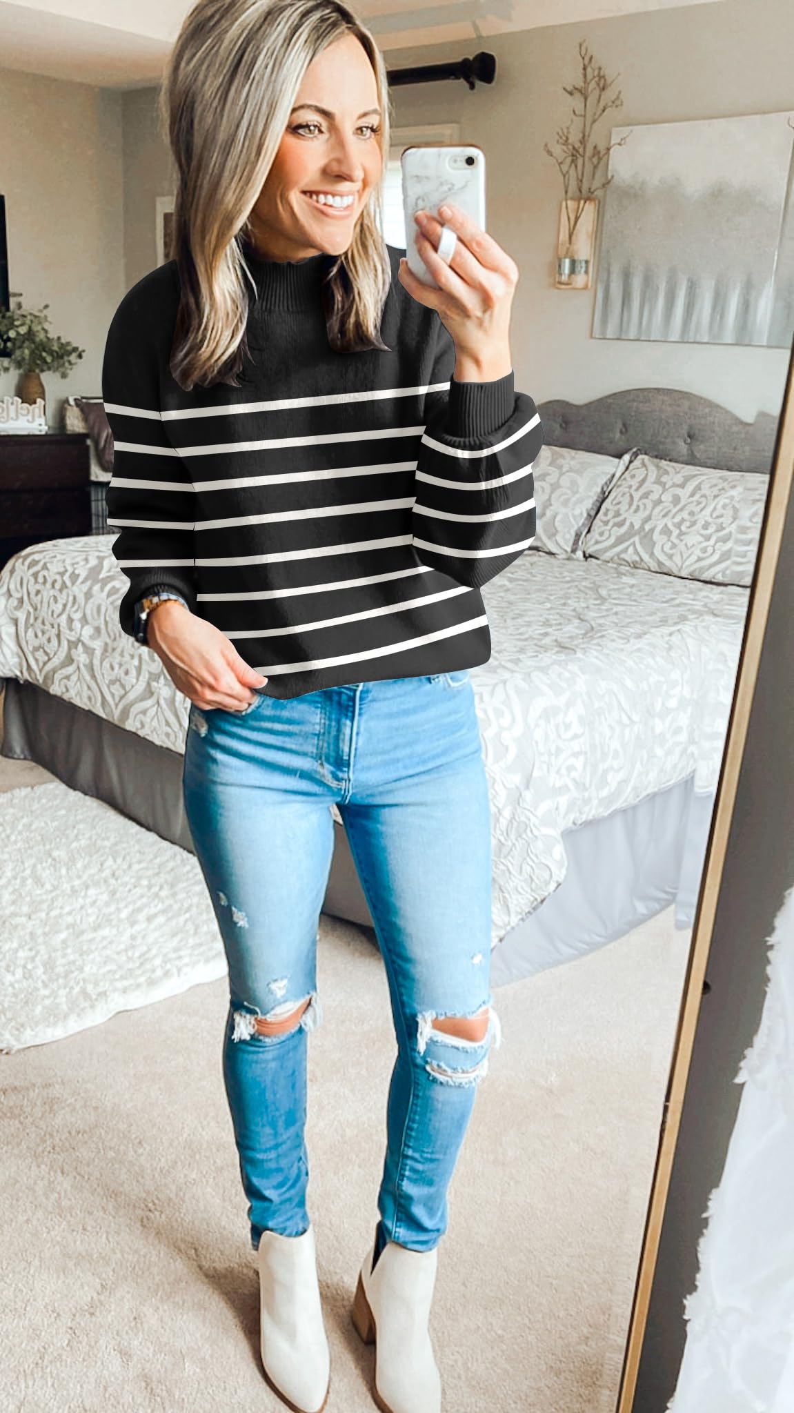 ZESICA Women's 2024 Fall Fashion Turtleneck Long Sleeve Striped Ribbed Knit Loose Pullover Sweater Tops