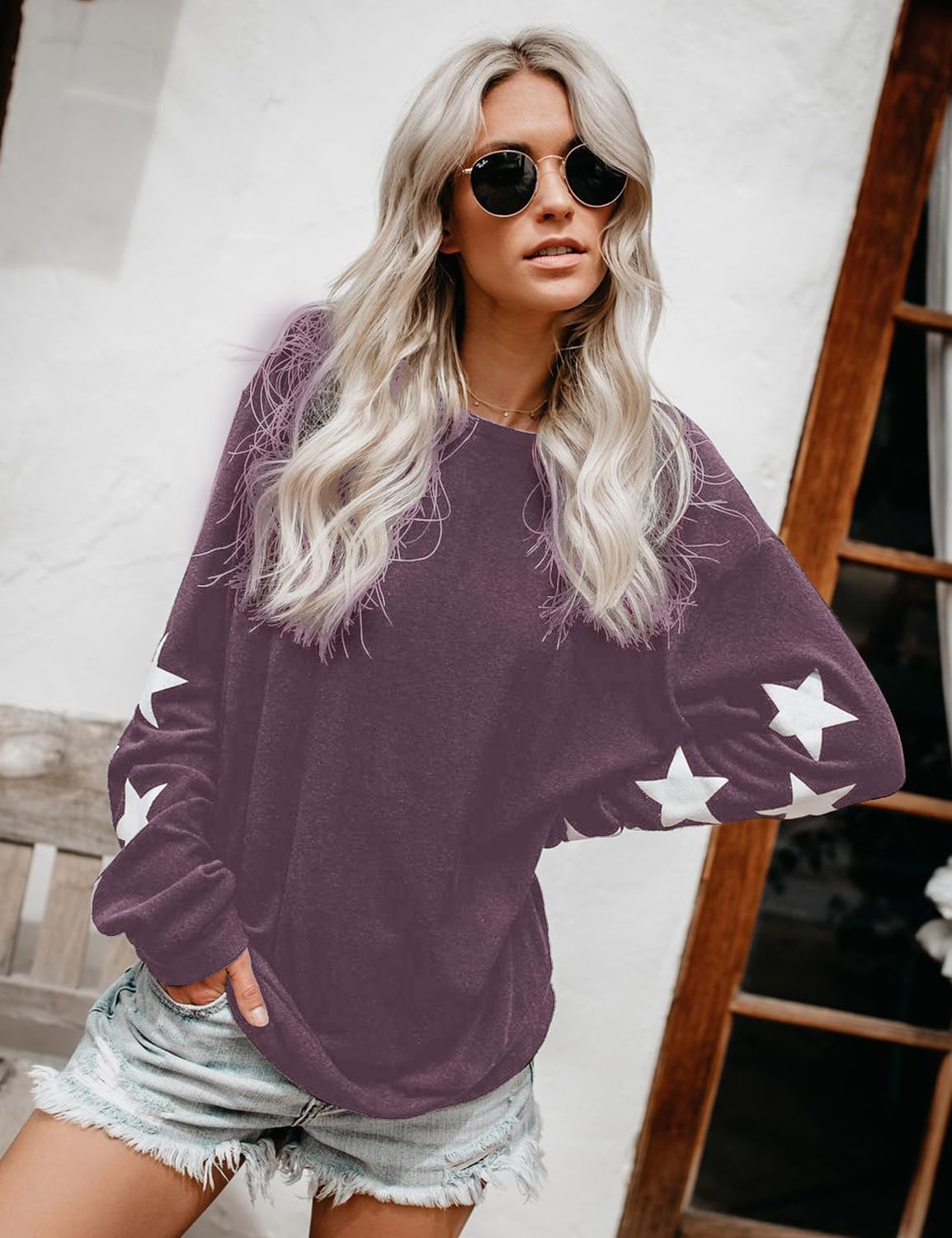 Blooming Jelly Womens Knit Pullover Sweaters Crewneck Long Sleeve Star Print Lightweight Cute Top