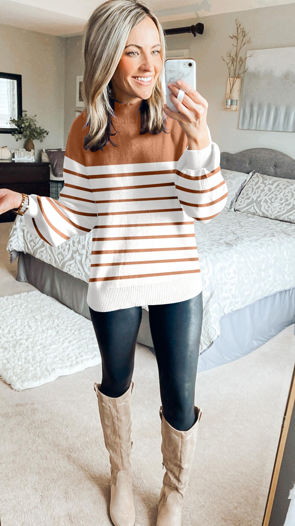 ZESICA Women's 2024 Fall Fashion Turtleneck Long Sleeve Striped Ribbed Knit Loose Pullover Sweater Tops