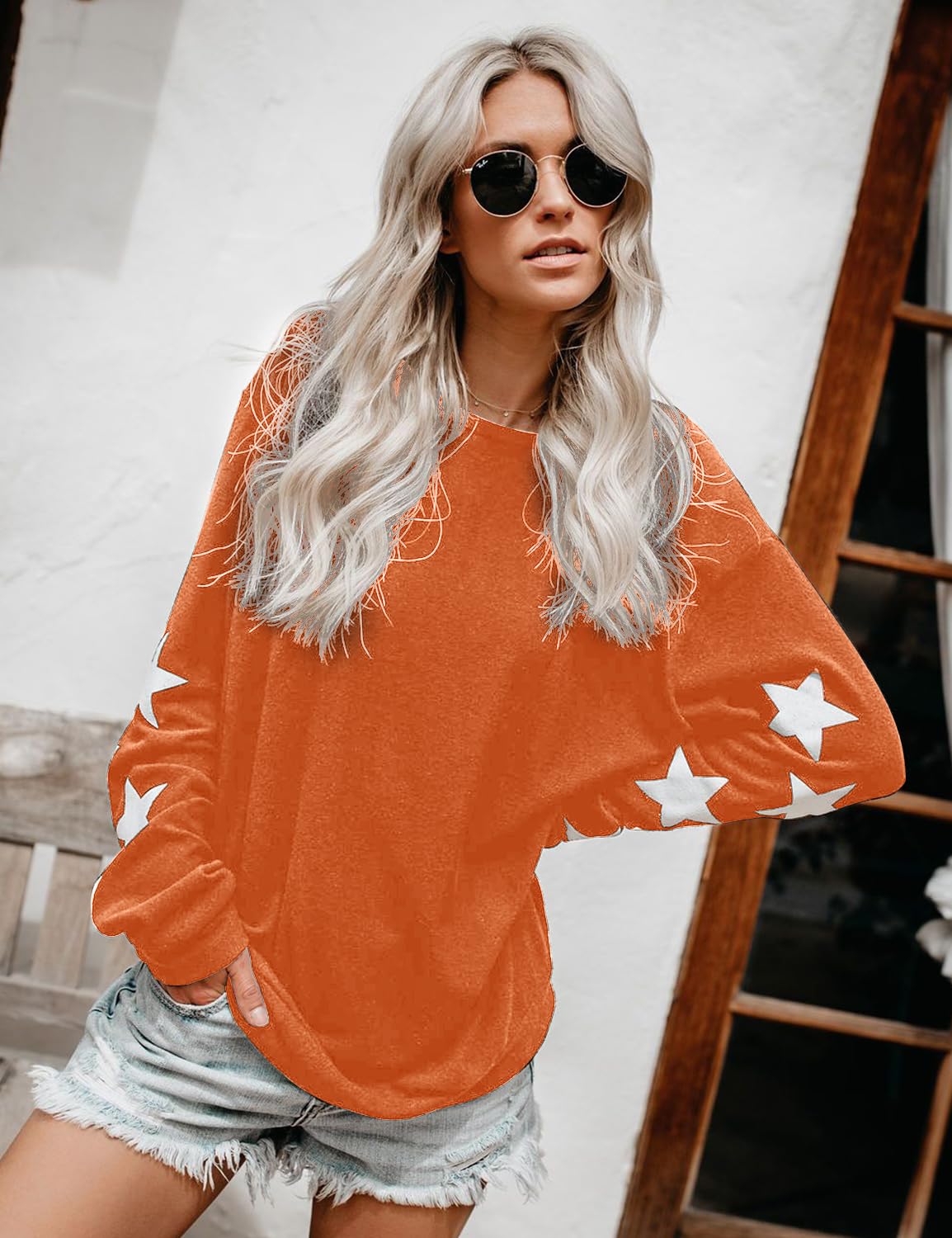 Blooming Jelly Womens Knit Pullover Sweaters Crewneck Long Sleeve Star Print Lightweight Cute Top