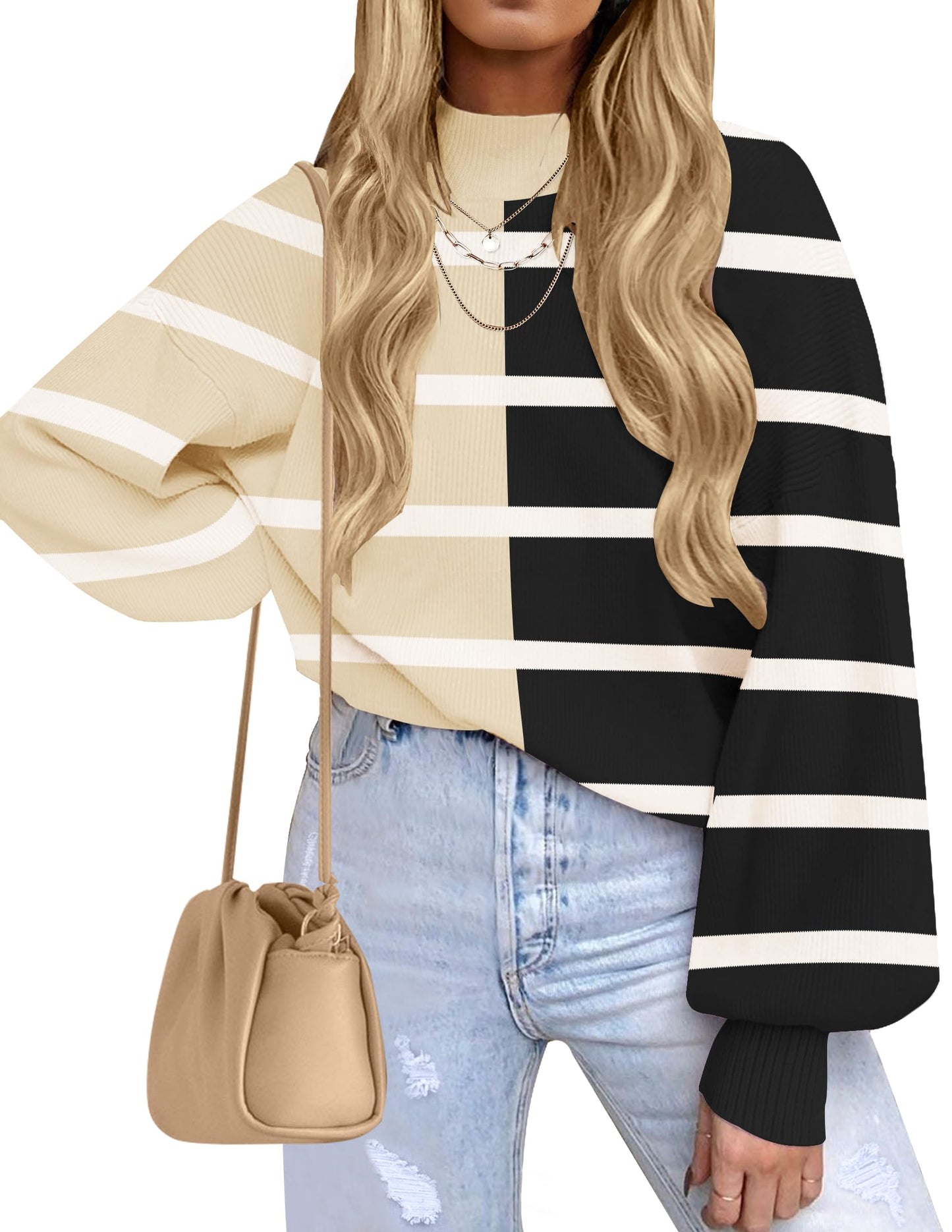 ZESICA Women's 2024 Fall Fashion Turtleneck Long Sleeve Striped Ribbed Knit Loose Pullover Sweater Tops