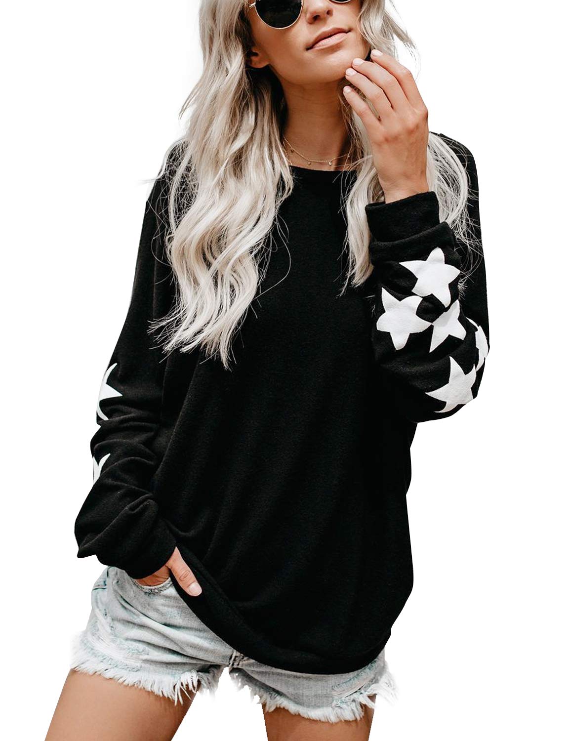 Blooming Jelly Womens Knit Pullover Sweaters Crewneck Long Sleeve Star Print Lightweight Cute Top