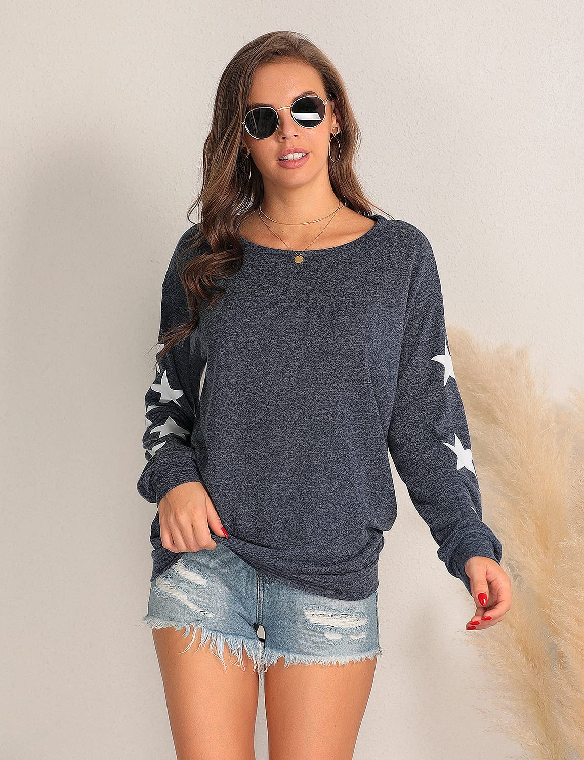 Blooming Jelly Womens Knit Pullover Sweaters Crewneck Long Sleeve Star Print Lightweight Cute Top