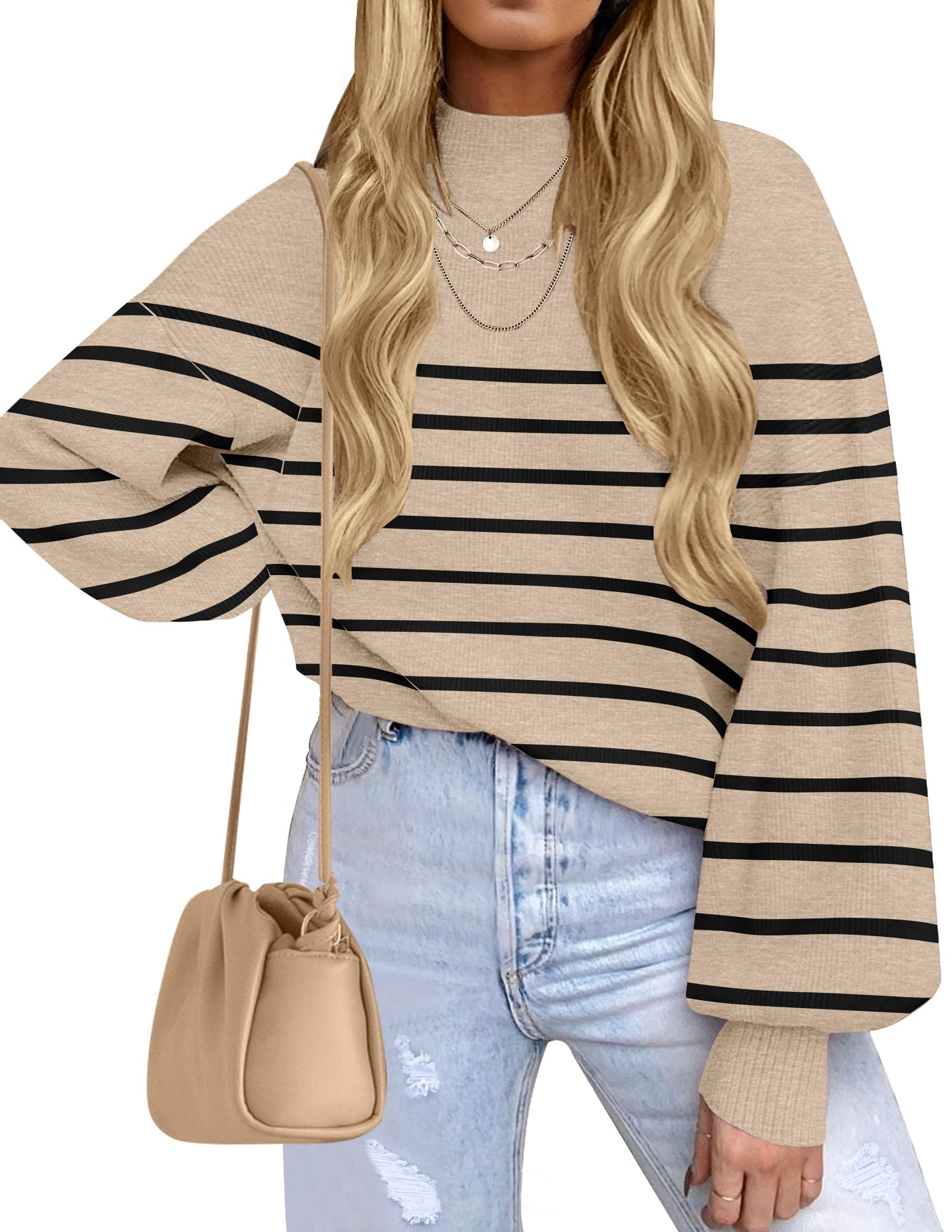 ZESICA Women's 2024 Fall Fashion Turtleneck Long Sleeve Striped Ribbed Knit Loose Pullover Sweater Tops