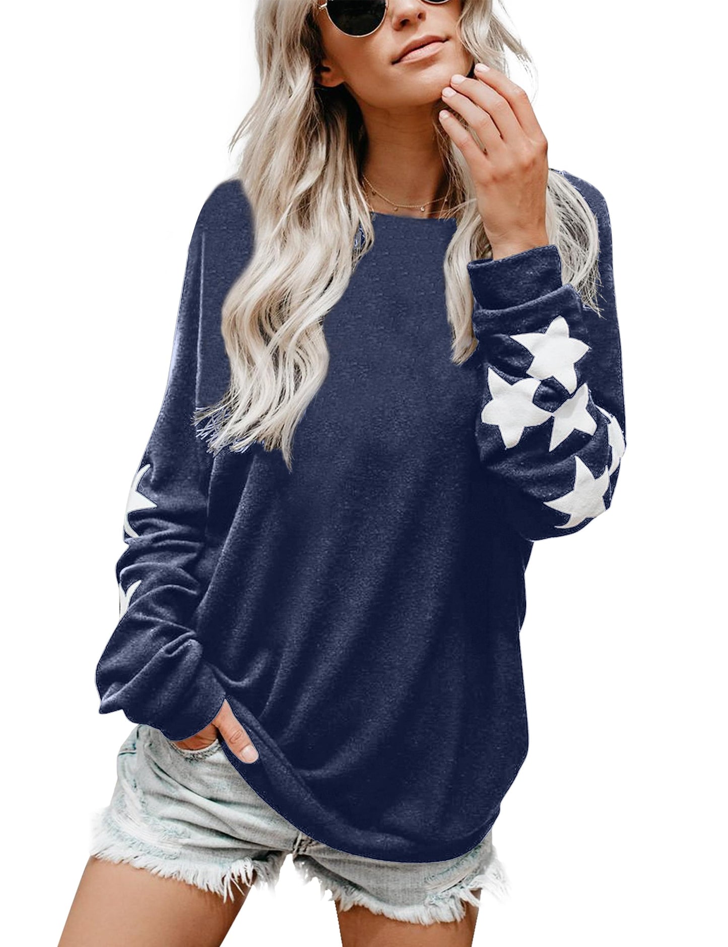 Blooming Jelly Womens Knit Pullover Sweaters Crewneck Long Sleeve Star Print Lightweight Cute Top