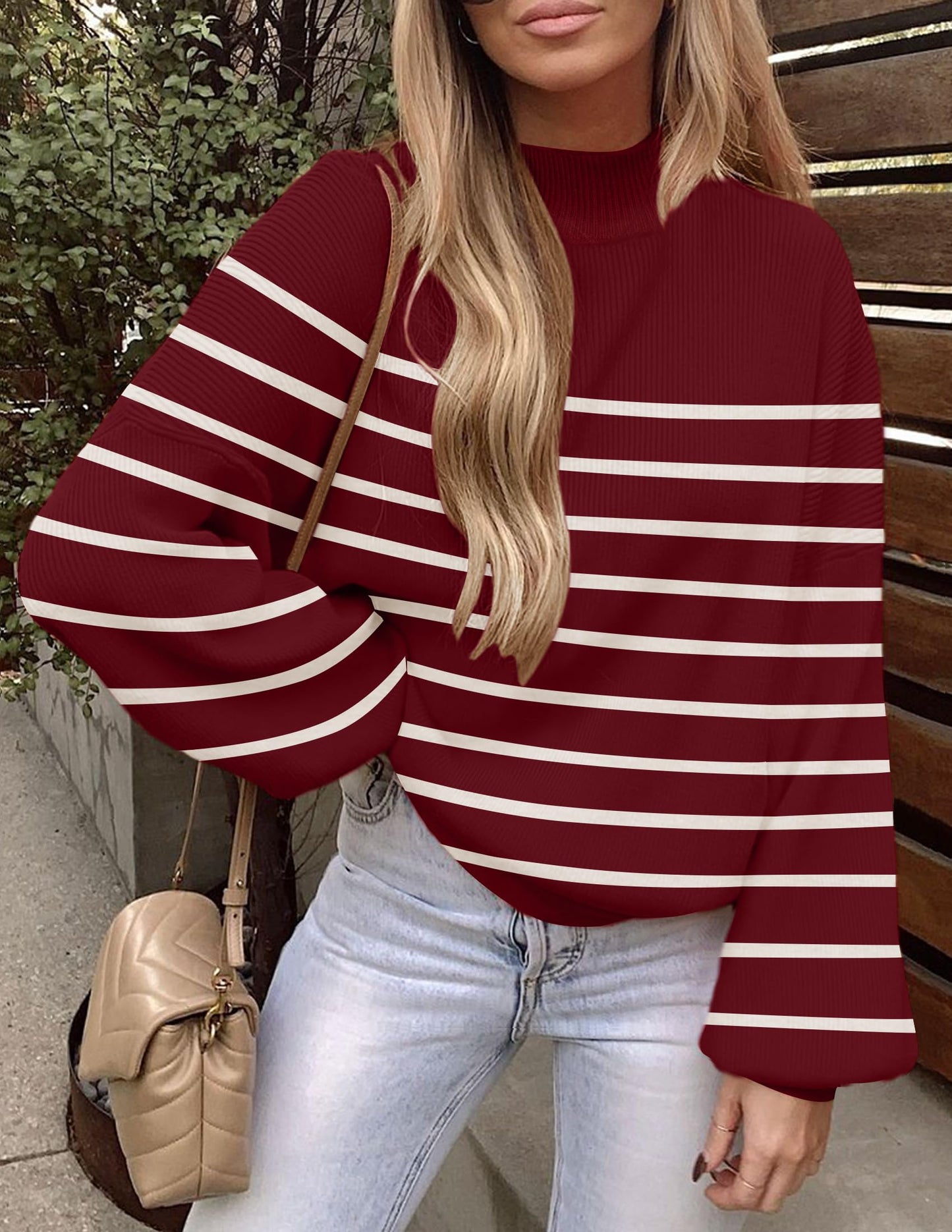 ZESICA Women's 2024 Fall Fashion Turtleneck Long Sleeve Striped Ribbed Knit Loose Pullover Sweater Tops