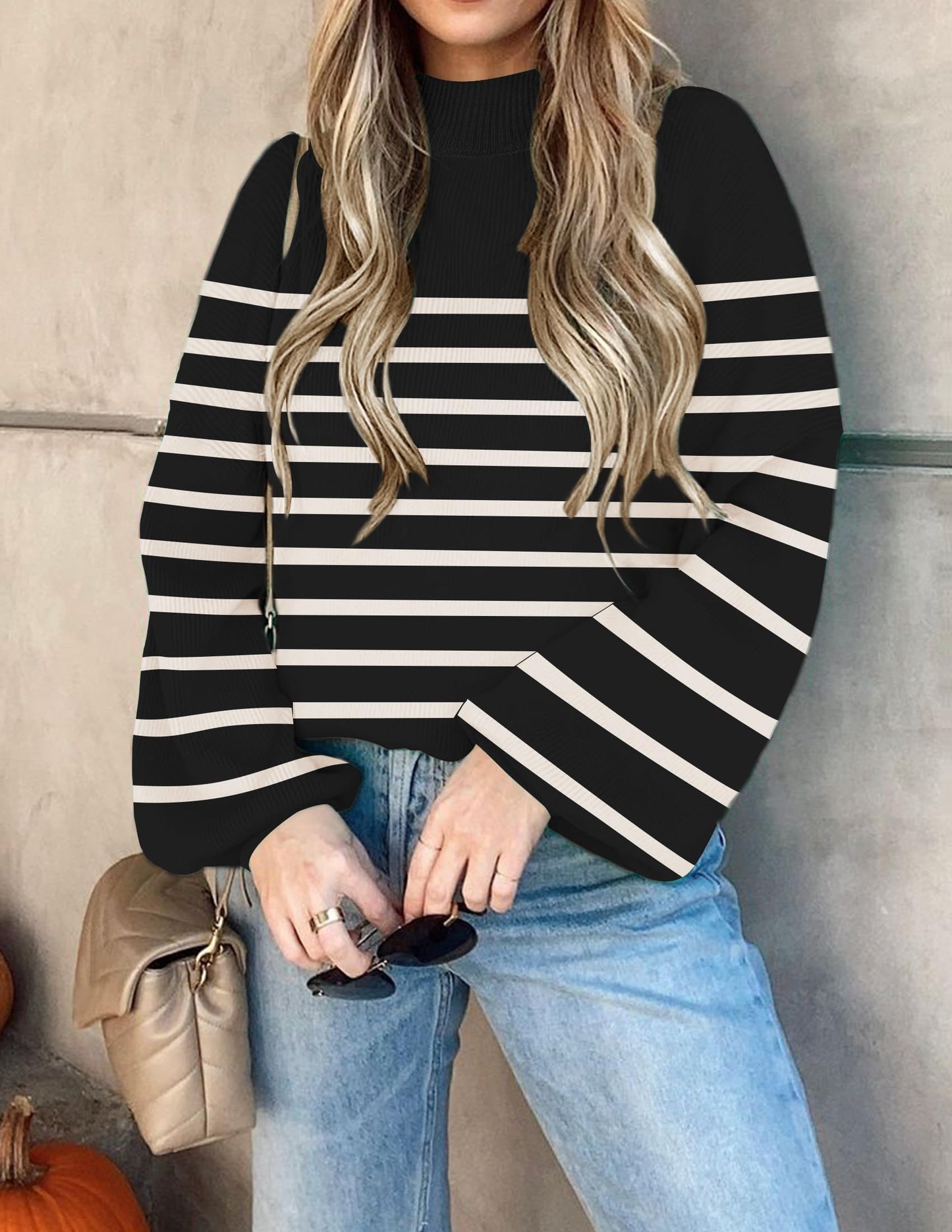 ZESICA Women's 2024 Fall Fashion Turtleneck Long Sleeve Striped Ribbed Knit Loose Pullover Sweater Tops
