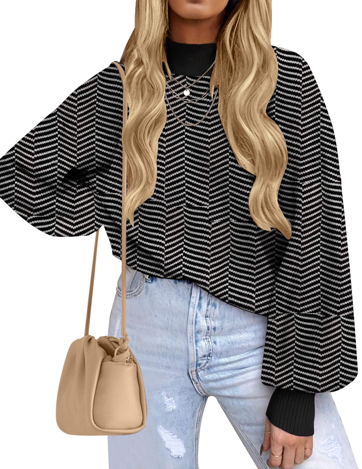 ZESICA Women's 2024 Fall Fashion Turtleneck Long Sleeve Striped Ribbed Knit Loose Pullover Sweater Tops