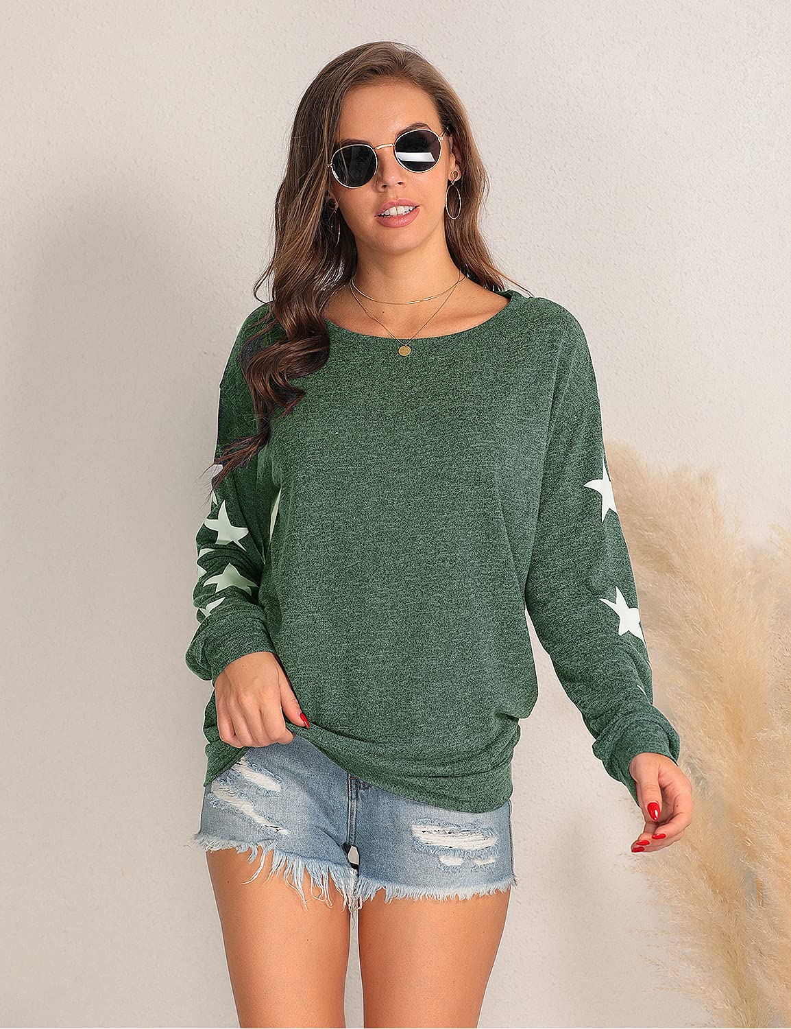Blooming Jelly Womens Knit Pullover Sweaters Crewneck Long Sleeve Star Print Lightweight Cute Top