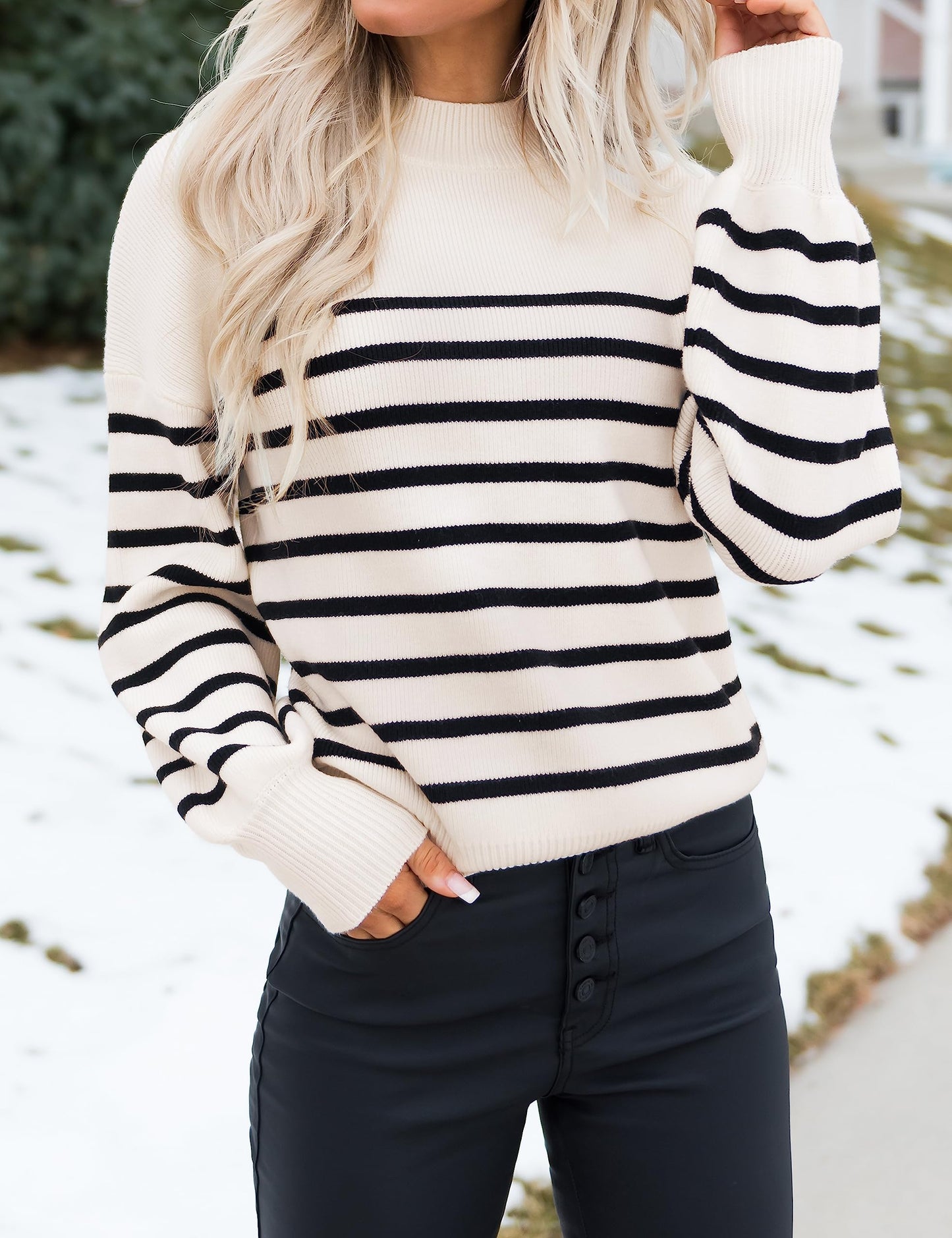 ZESICA Women's 2024 Fall Fashion Turtleneck Long Sleeve Striped Ribbed Knit Loose Pullover Sweater Tops