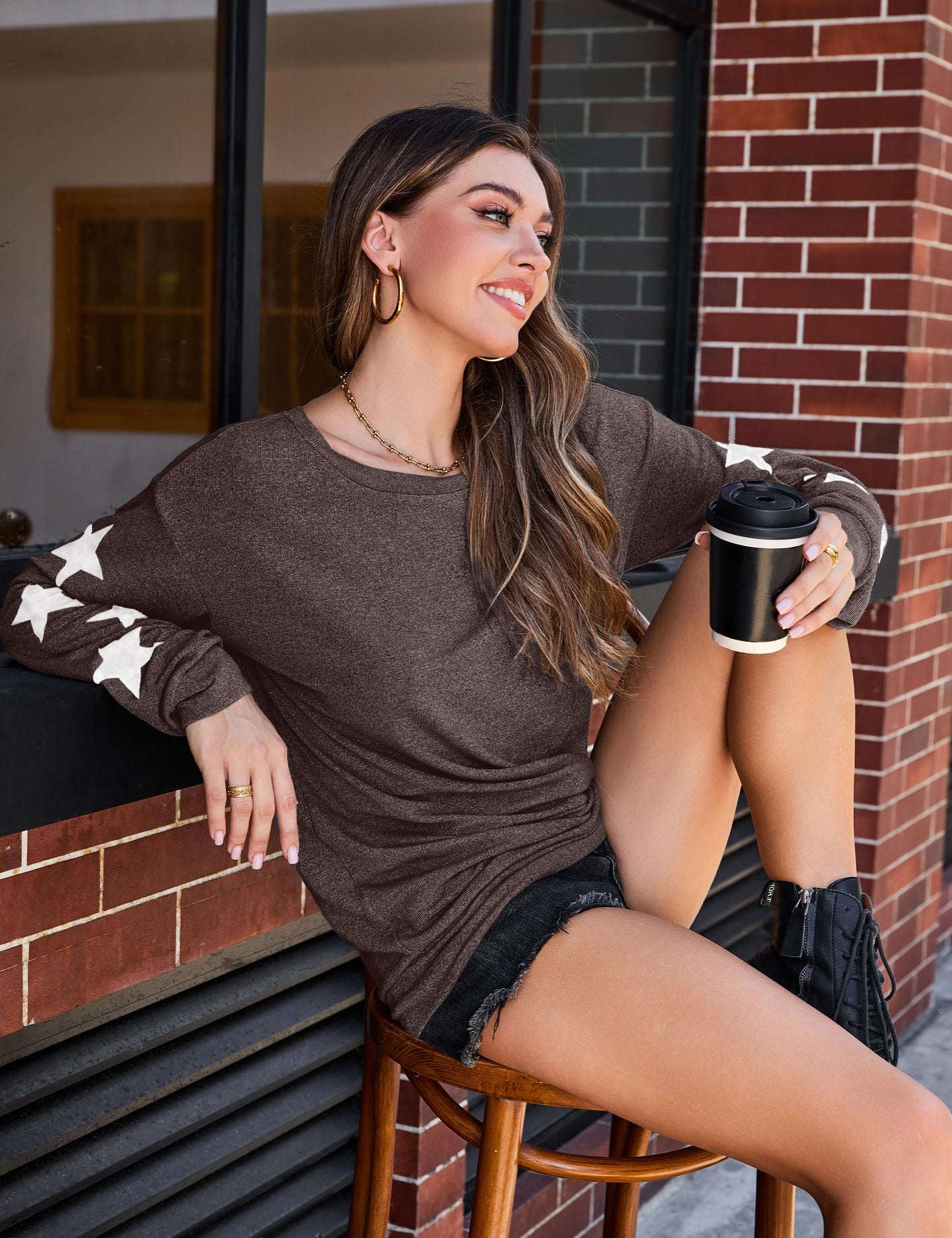 Blooming Jelly Womens Knit Pullover Sweaters Crewneck Long Sleeve Star Print Lightweight Cute Top