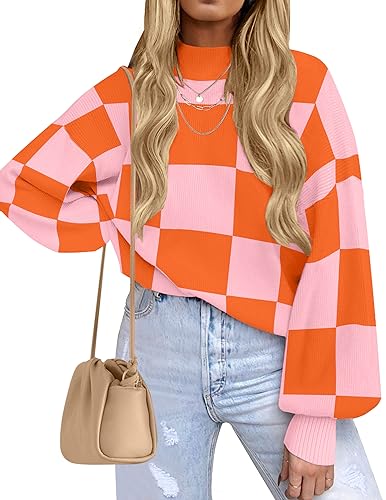 ZESICA Women's 2024 Fall Fashion Turtleneck Long Sleeve Striped Ribbed Knit Loose Pullover Sweater Tops