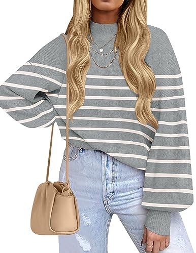 ZESICA Women's 2024 Fall Fashion Turtleneck Long Sleeve Striped Ribbed Knit Loose Pullover Sweater Tops