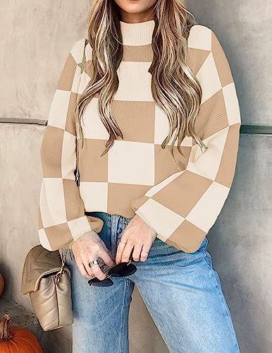 ZESICA Women's 2024 Fall Fashion Turtleneck Long Sleeve Striped Ribbed Knit Loose Pullover Sweater Tops
