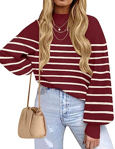 ZESICA Women's 2024 Fall Fashion Turtleneck Long Sleeve Striped Ribbed Knit Loose Pullover Sweater Tops