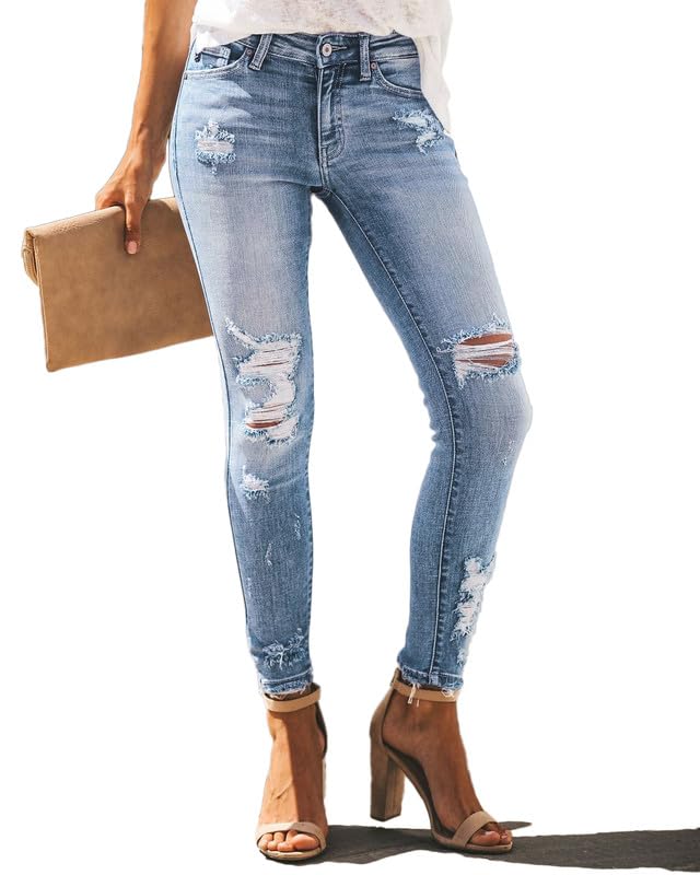 Allimy Women's High Rise Skinny Stretch Ripped Jeans High Waisted Destroyed Denim Pants