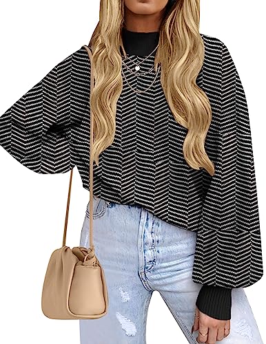 ZESICA Women's 2024 Fall Fashion Turtleneck Long Sleeve Striped Ribbed Knit Loose Pullover Sweater Tops