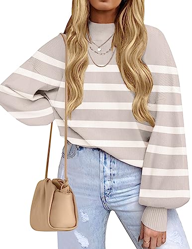ZESICA Women's 2024 Fall Fashion Turtleneck Long Sleeve Striped Ribbed Knit Loose Pullover Sweater Tops