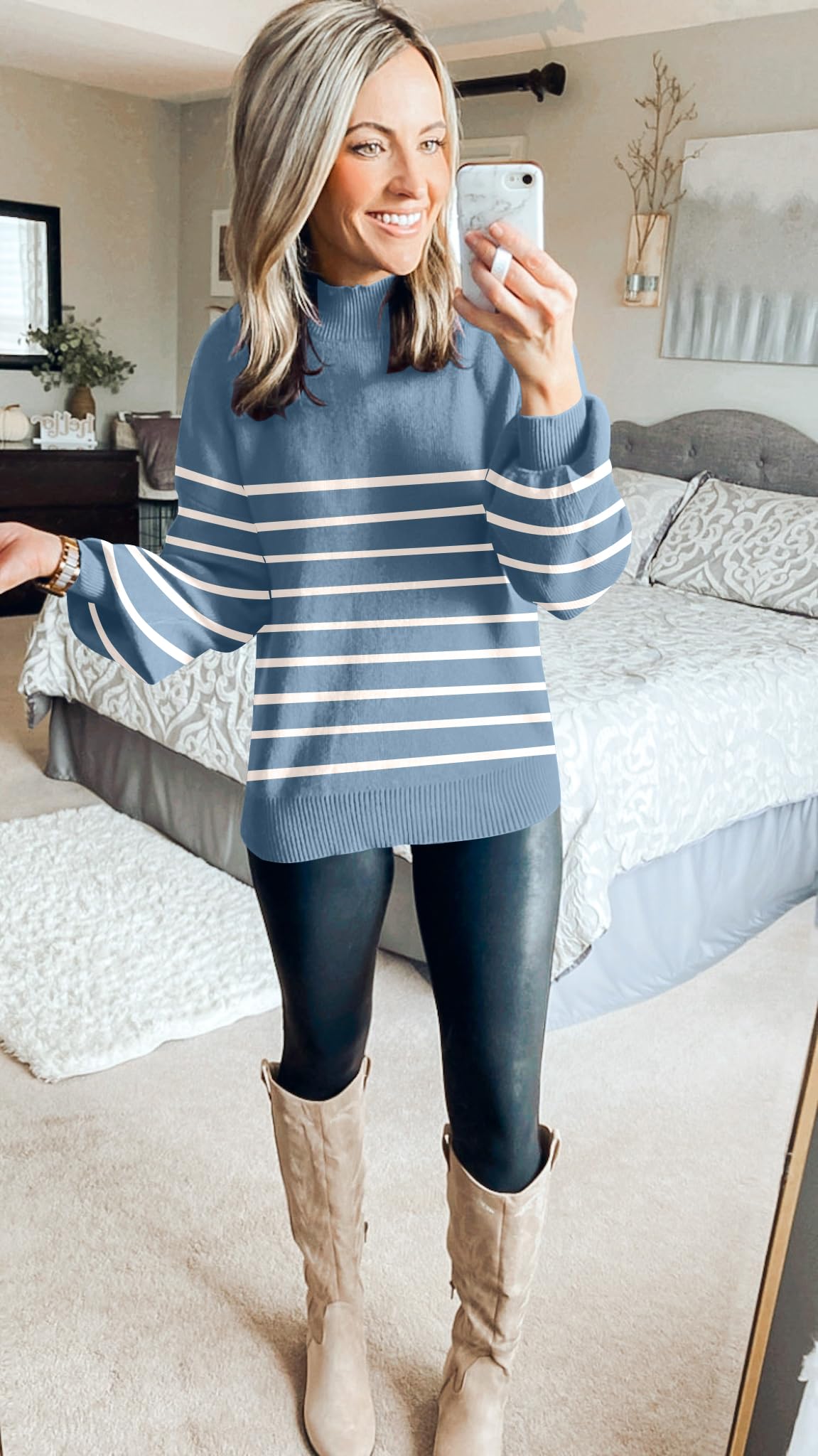 ZESICA Women's 2024 Fall Fashion Turtleneck Long Sleeve Striped Ribbed Knit Loose Pullover Sweater Tops