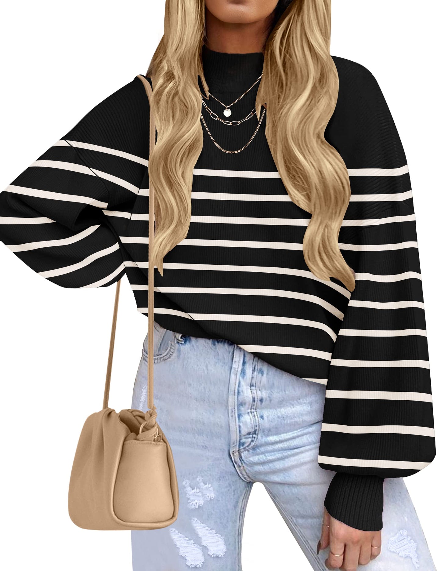 ZESICA Women's 2024 Fall Fashion Turtleneck Long Sleeve Striped Ribbed Knit Loose Pullover Sweater Tops