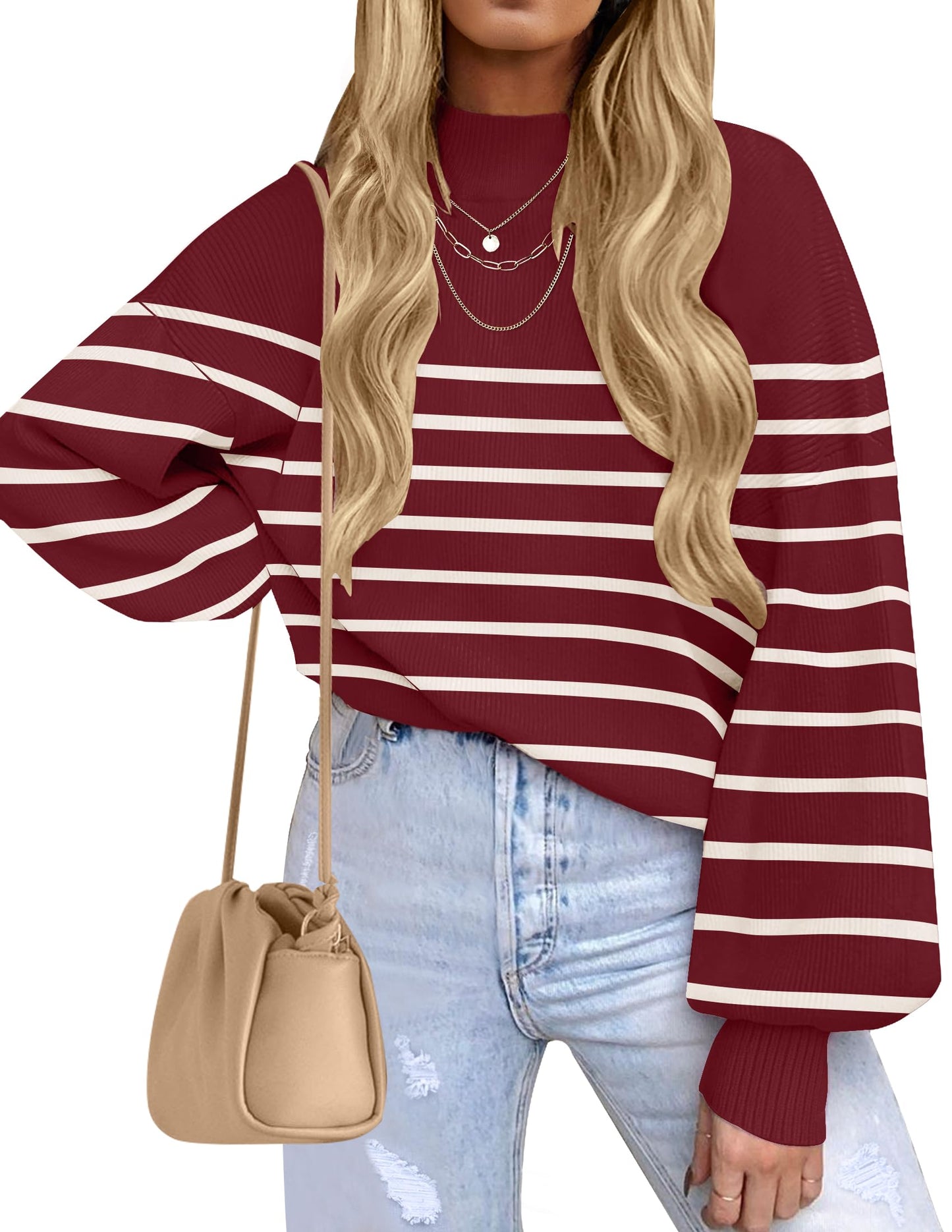 ZESICA Women's 2024 Fall Fashion Turtleneck Long Sleeve Striped Ribbed Knit Loose Pullover Sweater Tops