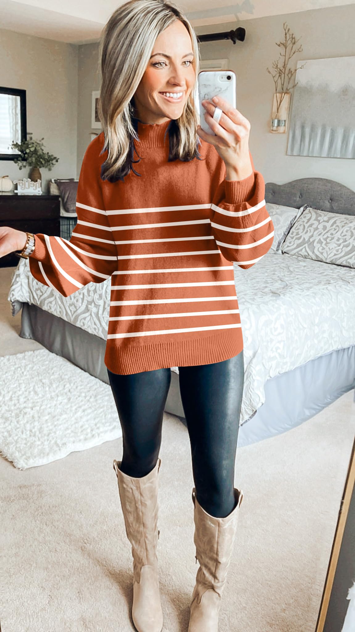 ZESICA Women's 2024 Fall Fashion Turtleneck Long Sleeve Striped Ribbed Knit Loose Pullover Sweater Tops