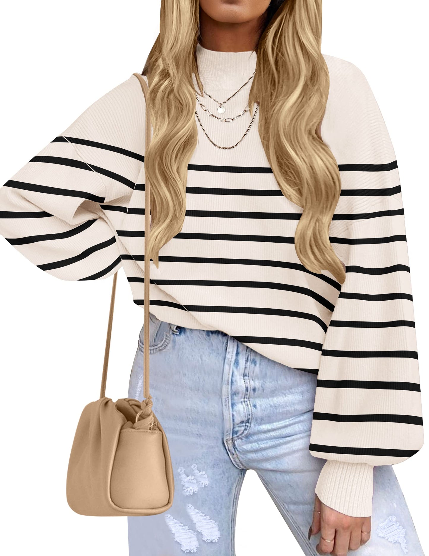 ZESICA Women's 2024 Fall Fashion Turtleneck Long Sleeve Striped Ribbed Knit Loose Pullover Sweater Tops