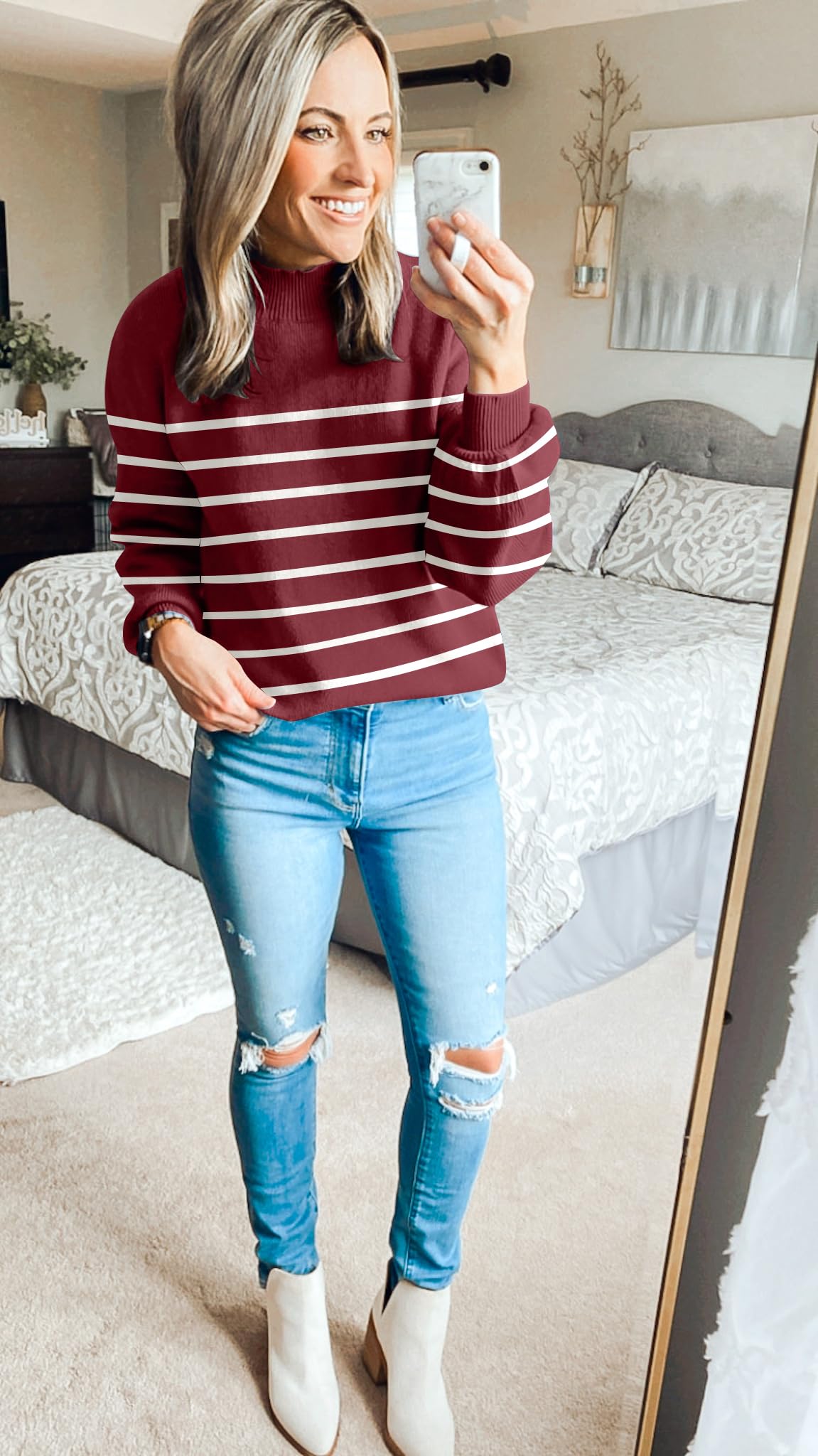 ZESICA Women's 2024 Fall Fashion Turtleneck Long Sleeve Striped Ribbed Knit Loose Pullover Sweater Tops