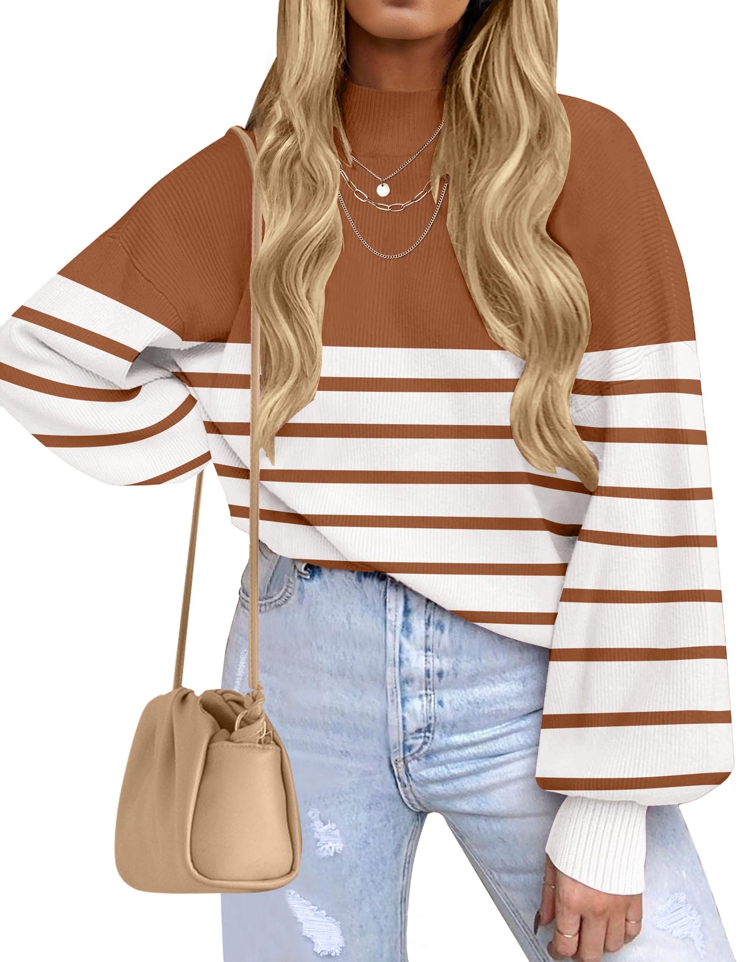 ZESICA Women's 2024 Fall Fashion Turtleneck Long Sleeve Striped Ribbed Knit Loose Pullover Sweater Tops