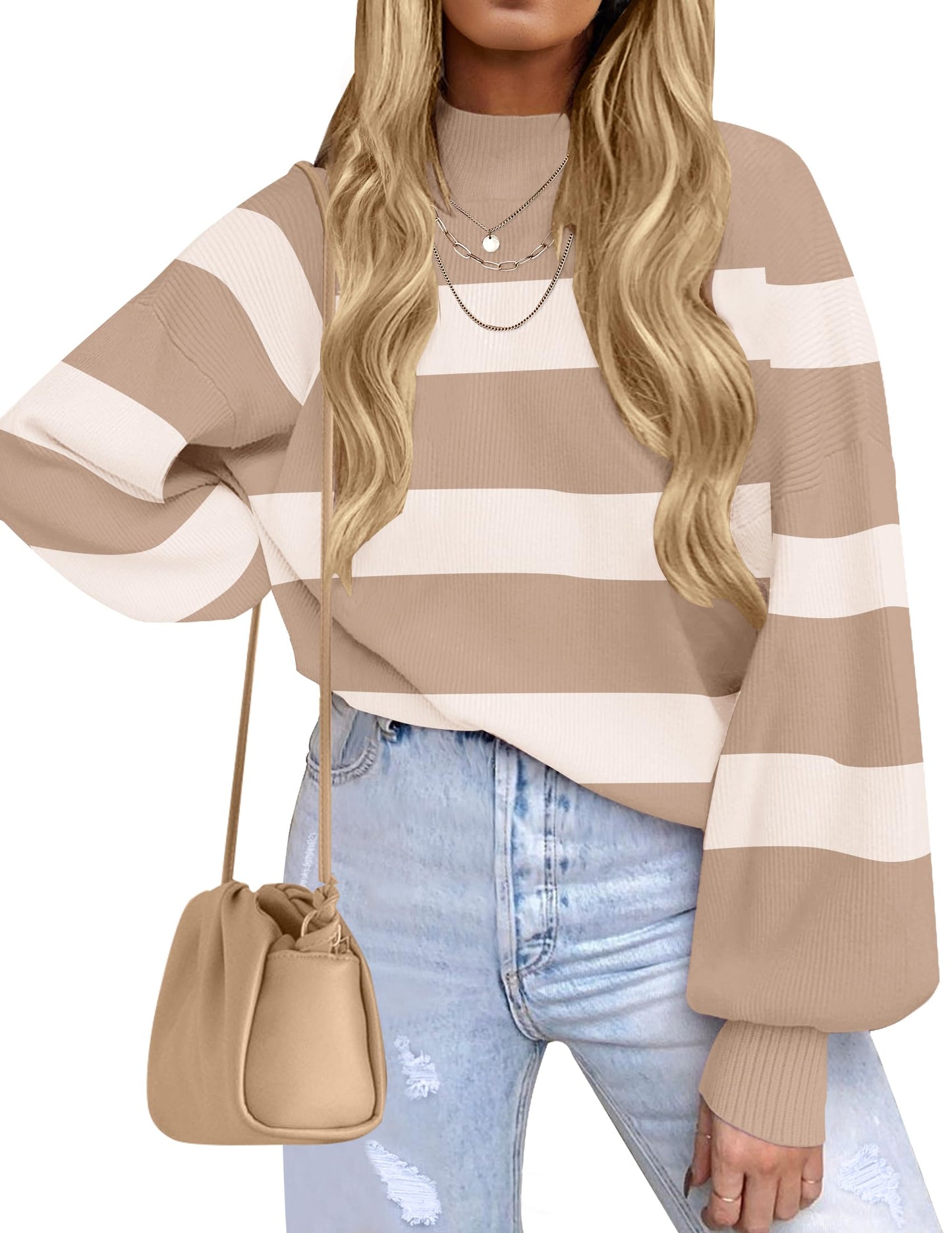 ZESICA Women's 2024 Fall Fashion Turtleneck Long Sleeve Striped Ribbed Knit Loose Pullover Sweater Tops