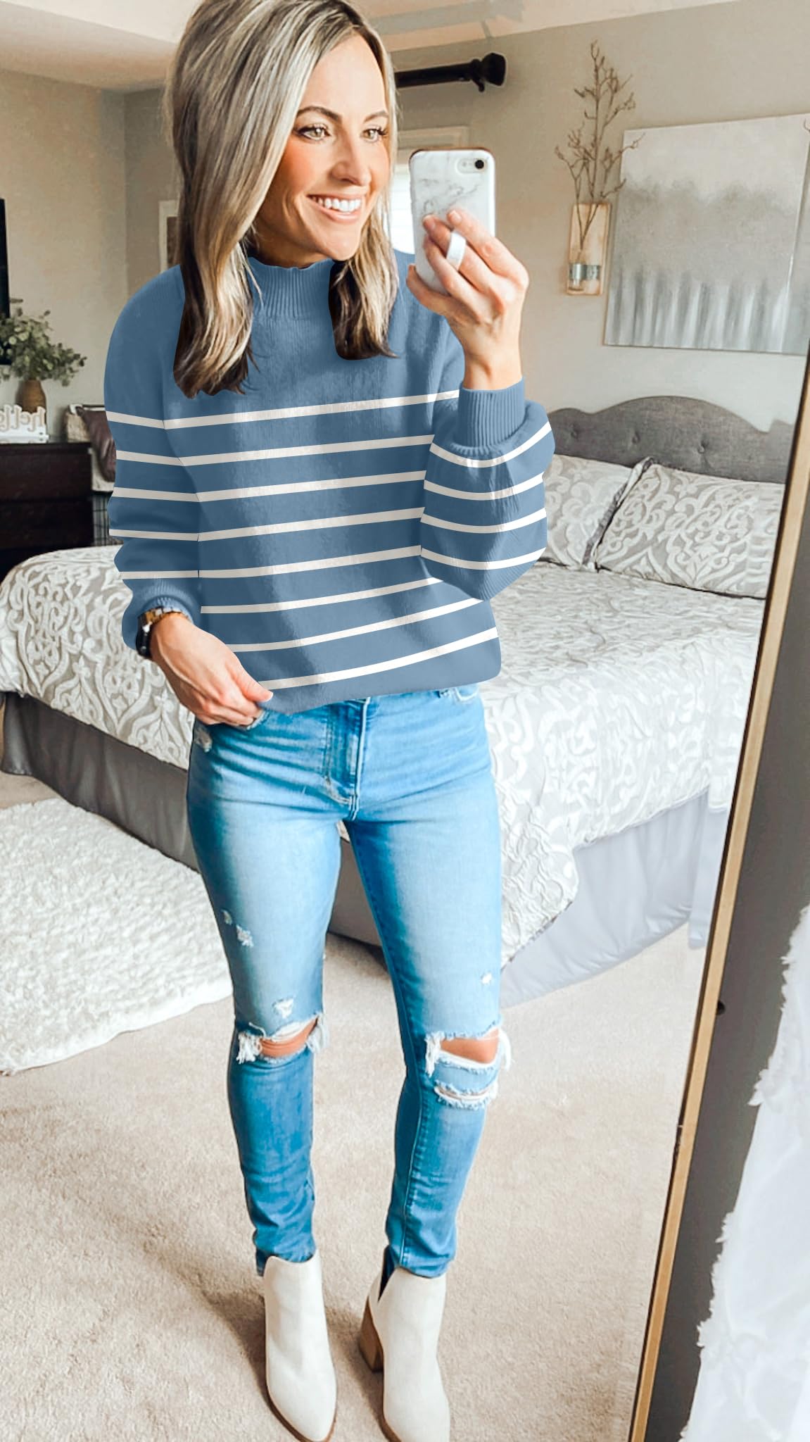 ZESICA Women's 2024 Fall Fashion Turtleneck Long Sleeve Striped Ribbed Knit Loose Pullover Sweater Tops