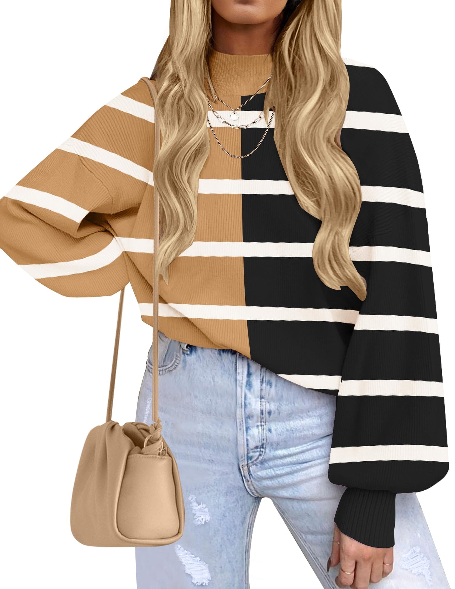 ZESICA Women's 2024 Fall Fashion Turtleneck Long Sleeve Striped Ribbed Knit Loose Pullover Sweater Tops