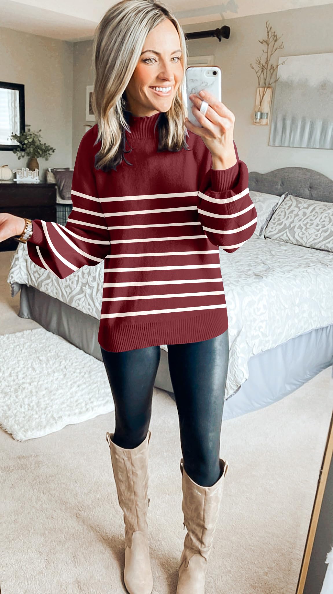 ZESICA Women's 2024 Fall Fashion Turtleneck Long Sleeve Striped Ribbed Knit Loose Pullover Sweater Tops