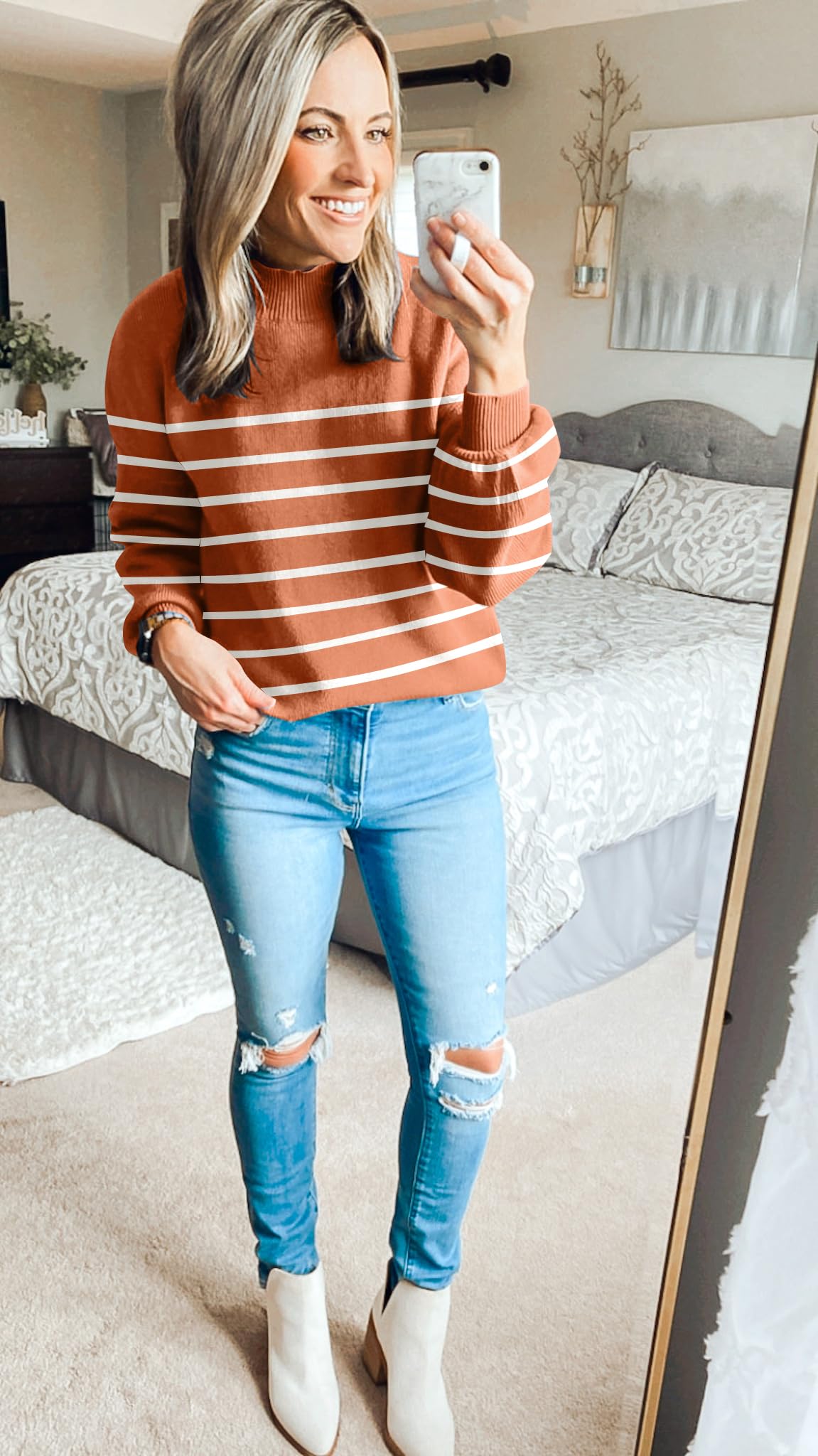ZESICA Women's 2024 Fall Fashion Turtleneck Long Sleeve Striped Ribbed Knit Loose Pullover Sweater Tops