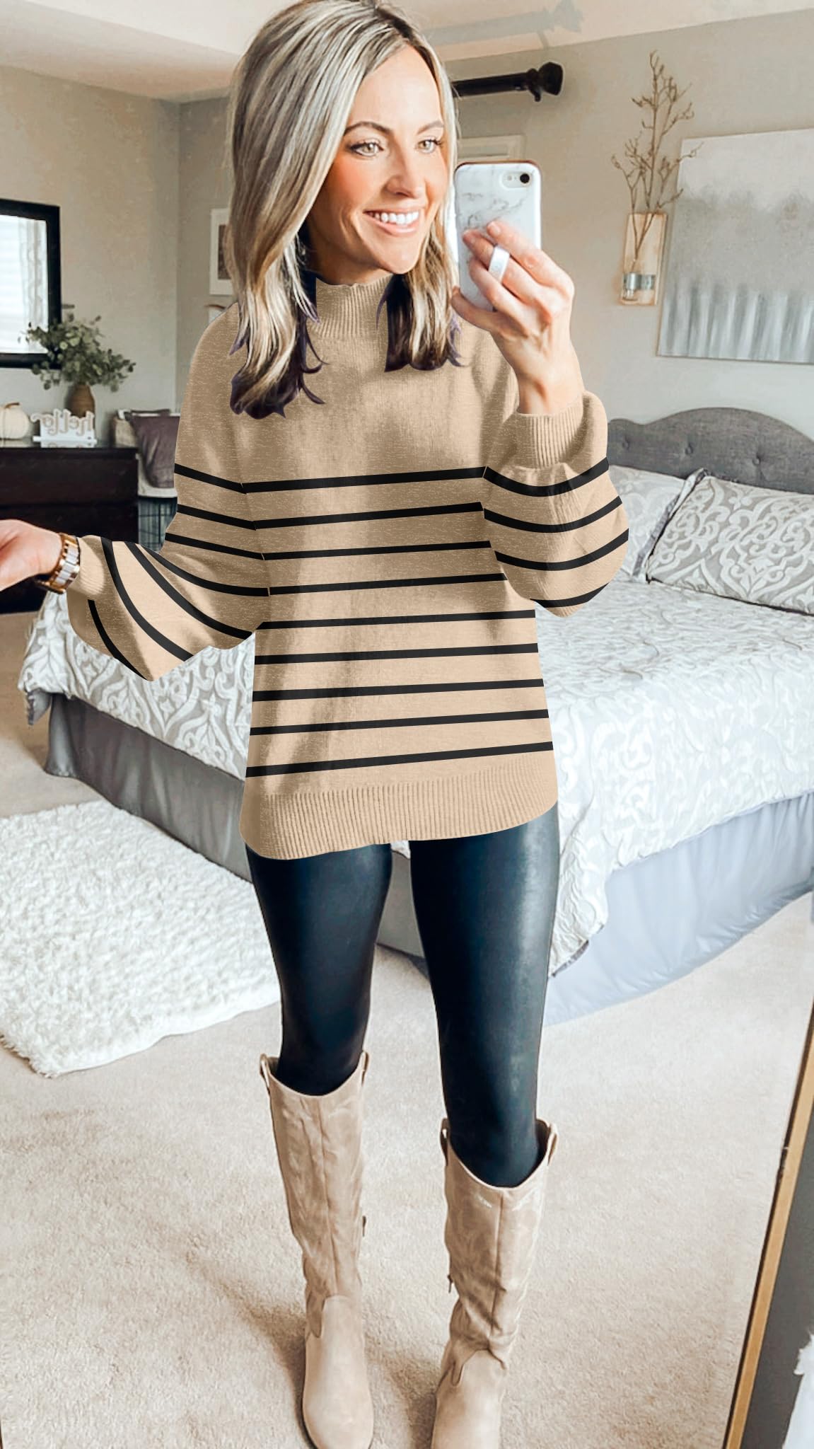ZESICA Women's 2024 Fall Fashion Turtleneck Long Sleeve Striped Ribbed Knit Loose Pullover Sweater Tops