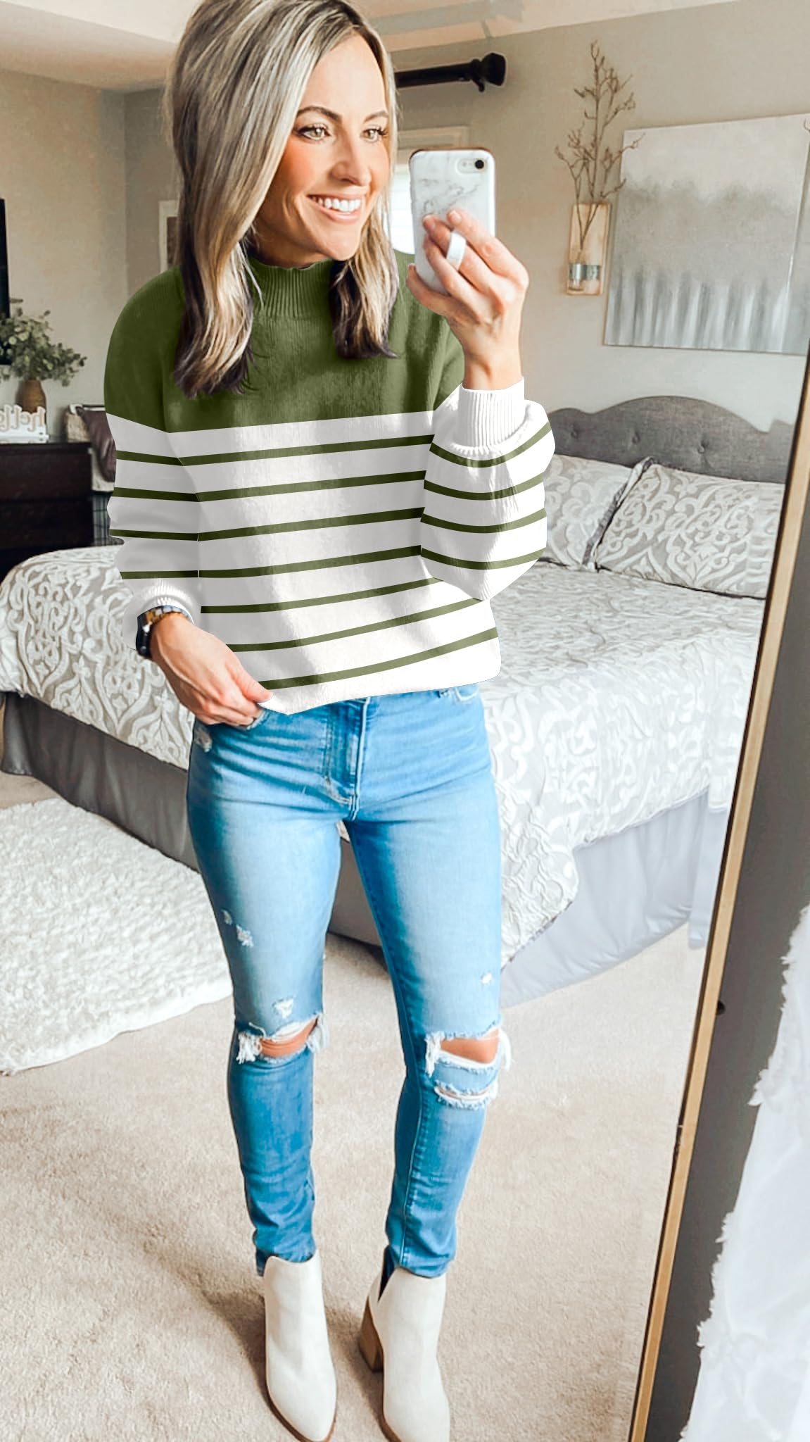 ZESICA Women's 2024 Fall Fashion Turtleneck Long Sleeve Striped Ribbed Knit Loose Pullover Sweater Tops